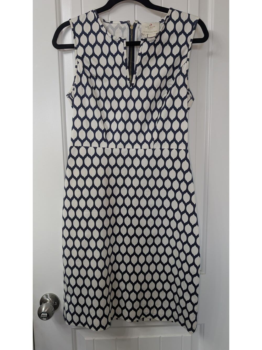 kate spade new york Blue White Geometric Sheath Dress Lace Hem Zip Size 6